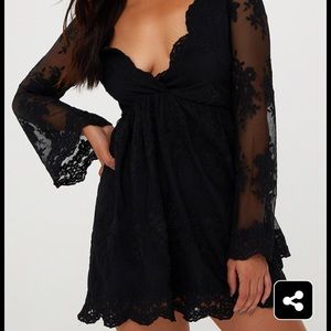 Black Lace Plunge Bell Sleeve Skater Dress